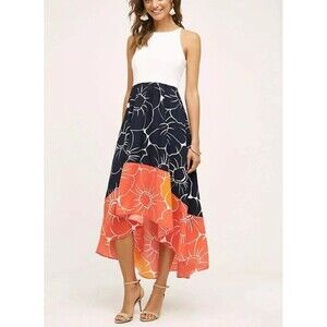 Anthrolpologie Hutch Peachy High-Low Dress Midi White Navy Orange Size Medium